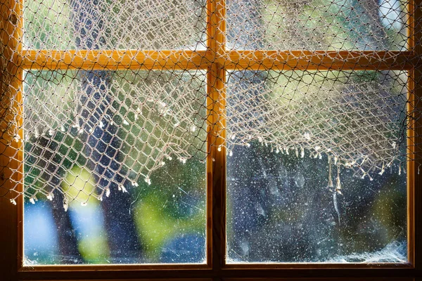 Old Vintage Wooden Dirty Window Curtain — Stock Photo, Image