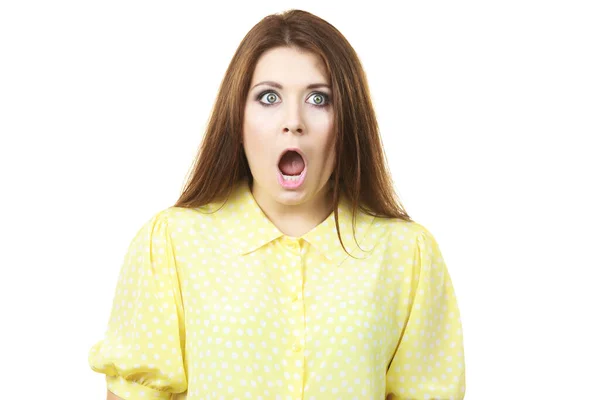 Concepto Expresiones Faciales Choque Sorprendida Mujer Sorprendida Viendo Algo Sorprendente — Foto de Stock