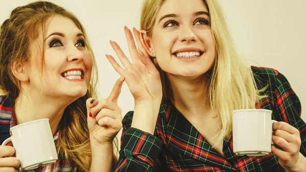 Two Female Friends Sitting Together Sofa Chatting Talking Gossiping Drinking — Stock Photo, Image