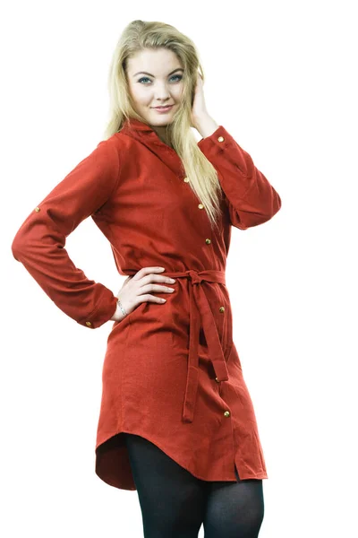 Femme Mode Portant Une Longue Robe Vintage Rouge Des Leggings — Photo