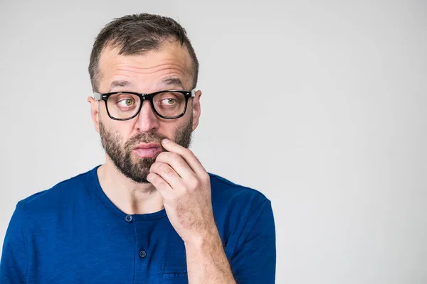 Adult Clever Guy Wearing Eyeglasses Blue Shirt Having Thinking Focused — Stock Photo, Image