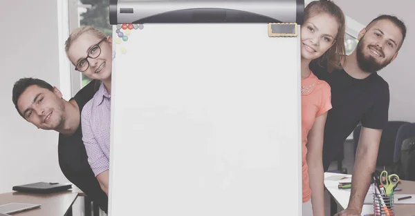 Group Young Student People Standing White Empty Class Board Copy — Stock Photo, Image