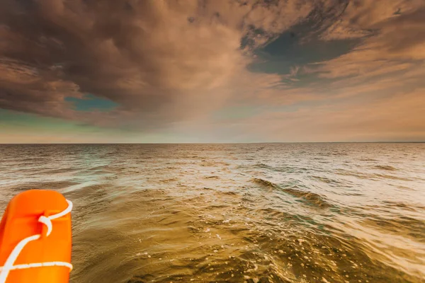 Water Traveling Adventure Concept Sea View Yacht Lifebuoy Close Calm — Stock Photo, Image