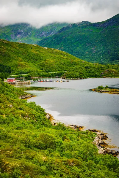 Lofoten Fiordo Paesaggio Marina Bacino Portuale Con Ormeggi Barche Pesca — Foto Stock