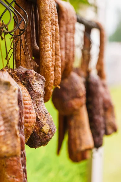 Traditional Food Smoked Sausages Ham Meat Hanging Domestic Smokehouse Strings — Stock Photo, Image