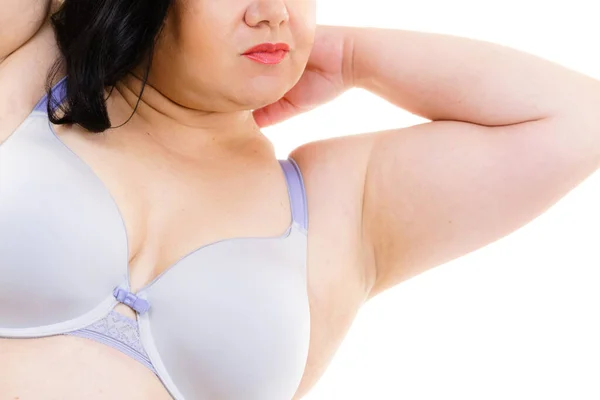 Velká Tlustá Dospělá Žena Pohodlné Podprsence Bílém Ženská Prsa Spodním — Stock fotografie