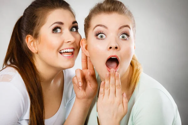 Mujer Joven Contándole Amiga Algunos Secretos Dos Mujeres Hablando Chismes — Foto de Stock