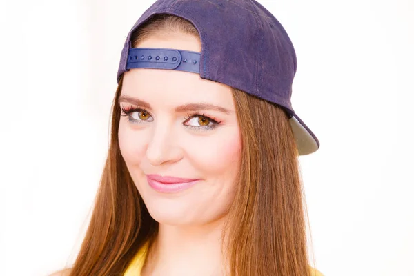 Holidays Vacation Lovely Trendy Urban Style Girl Jeans Cap Portrait — Stock Photo, Image