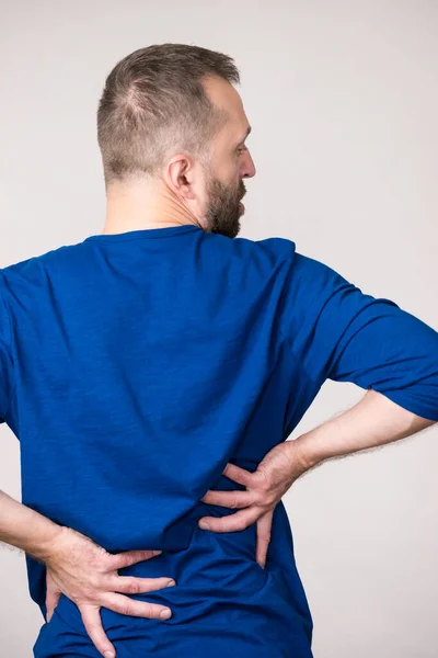 View Back Man Having Terrible Loins Pain Ache Guy Suffering — Stock Photo, Image