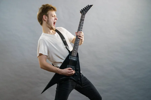 Man Being Passionate His Music Hobby Playing Electric Guitar Emotionally — Stock Photo, Image