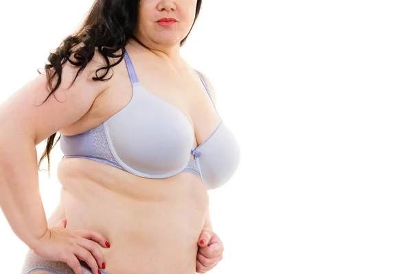 Plusz Egy Kövér Érett Kényelmes Melltartóban Fehér Ruhában Női Mell — Stock Fotó