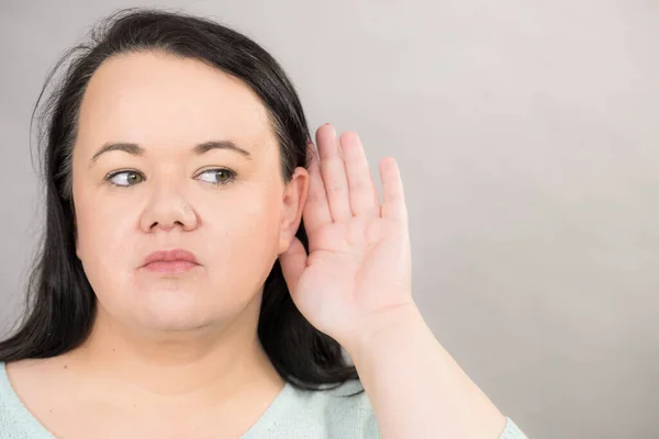 Gossip Rumors Hearing Concept Adult Size Woman Face Putting Hand — Stock Photo, Image