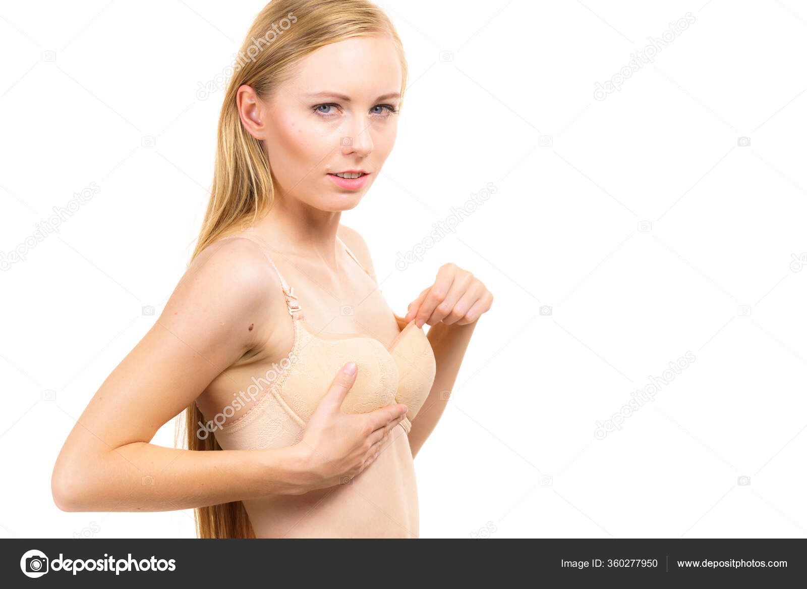 Slim Young Woman With Small Boobs Wearing Too Big Bra, Gaping Cups