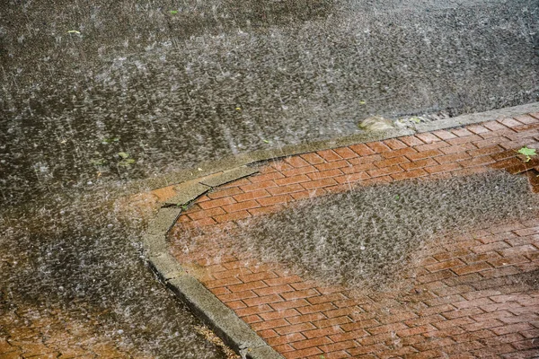城市的雨 倾盆大雨时大量的雨滴落在街上 水花四溅 洒在路上 秋季季节 — 图库照片