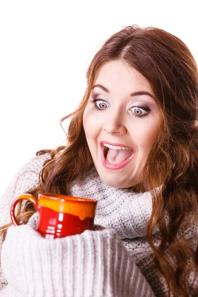 Woman Wearing Warm Clothing Grey Sweater Holding Nice Red Mug — Stock Photo, Image