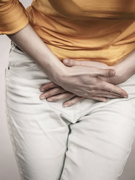 Closeup Young Sick Woman Hands Holding Pressing Her Crotch Lower — Stock Photo, Image