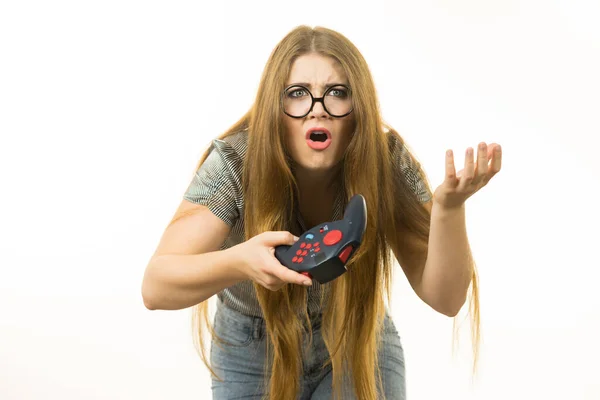 Young Adult Woman Playing Video Console Holding Pad Being Very — Stock Photo, Image