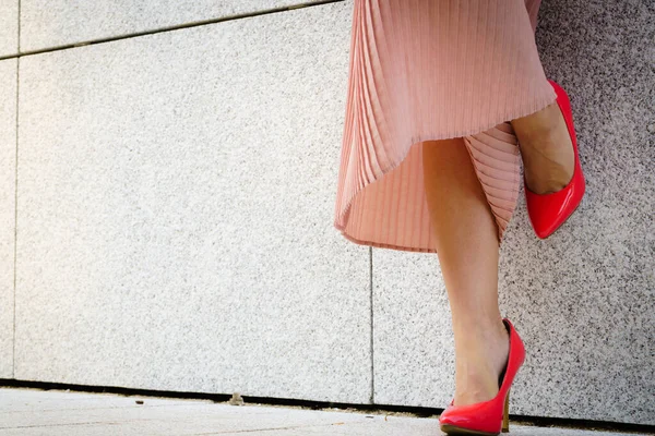 Мода Обувь Красный Высокий Каблук Классические Туфли Открытом Воздухе Солнечный — стоковое фото