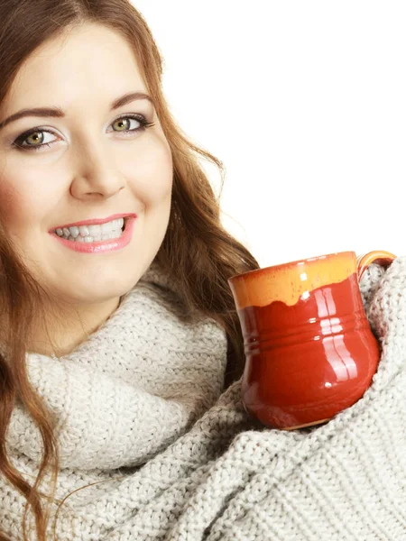 Woman Wearing Warm Clothing Grey Sweater Holding Nice Red Mug — Stock Photo, Image