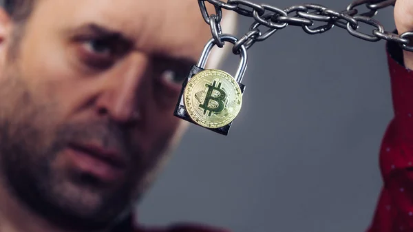 Man Having Problems Crypto Currency Adult Guy Being Tied Block — Stock Photo, Image