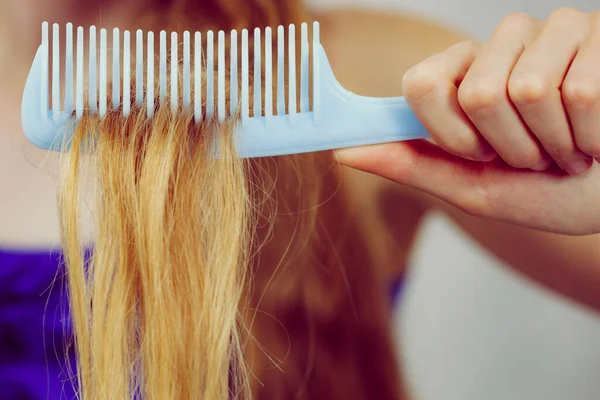 Haircare. Blonde girl showing her damaged dry hair ends on comb