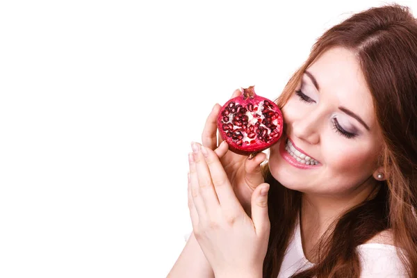 Woman Cheerful Brunette Girl Holding Pomegranate Fruits Hands Isolated White — Stock Photo, Image