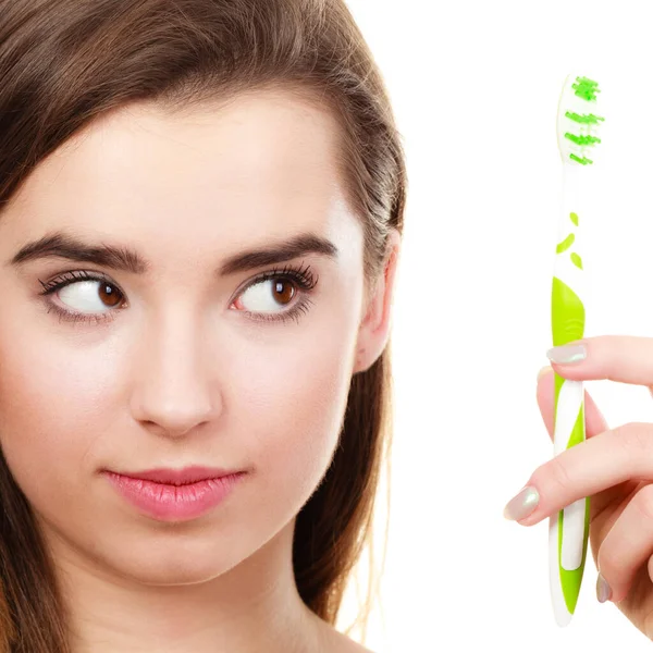 Odontologia Higiene Bucal Conceito Objetos Banheiro Mulher Segurando Escova Dentes — Fotografia de Stock