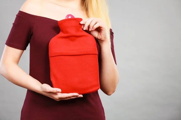 Woman Holding Warm Red Hot Water Bottle Fever Flu Treatment — Stock Photo, Image