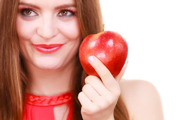 Mujer Joven Encantadora Hembra Pelo Largo Colorido Maquillaje Sostiene Fruta — Foto de Stock