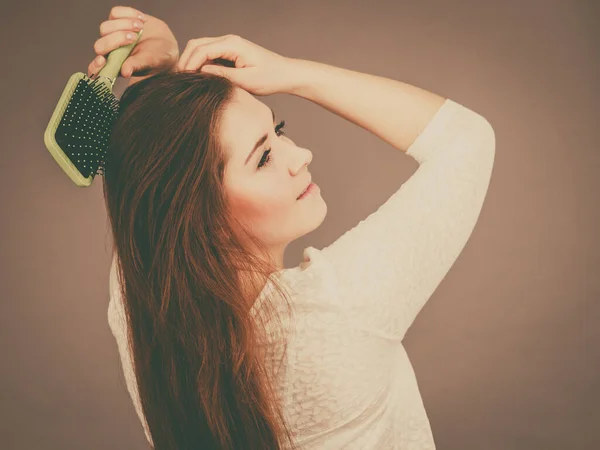 Haircare Morning Hairstyling Concept Happy Woman Brushing Her Long Dark — Stock Photo, Image