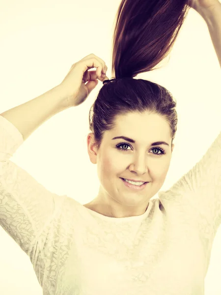 Feminine Beauty Concept Portrait Beautiful Young Woman Touching Her Long — Stock Photo, Image