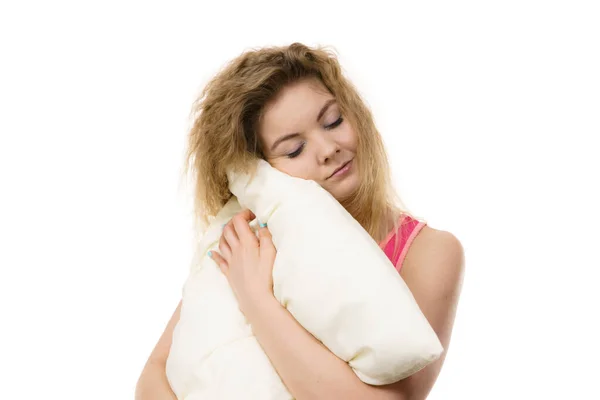 Sleepy Woman Blonde Tangled Hair Hugging White Pillow Feeling Tired — Stock Photo, Image
