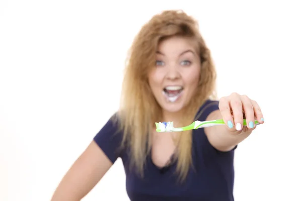 Woman Brushing Cleaning Teeth Positive Girl Toothbrush Oral Hygiene Isolated — Stock Photo, Image