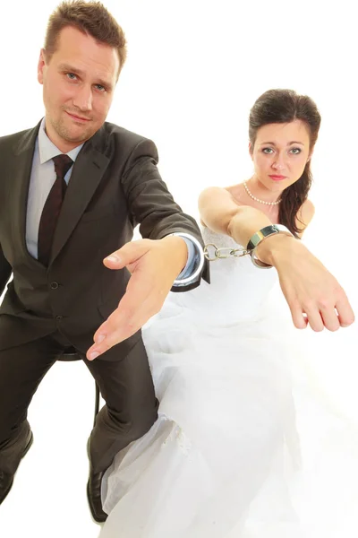 Couple Problems Love Forever Concept Bride Groom Handcuffs Wearing Wedding — Stock Photo, Image