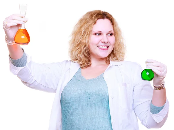 Science Education Scientist School Laboratory Happy Girl Holding Chemical Flasks — Stock Photo, Image