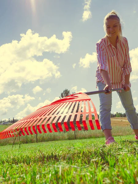 Unusual angle of woman raking leaves using rake. Person taking care of garden house yard grass. Agricultural, gardening equipment concept.