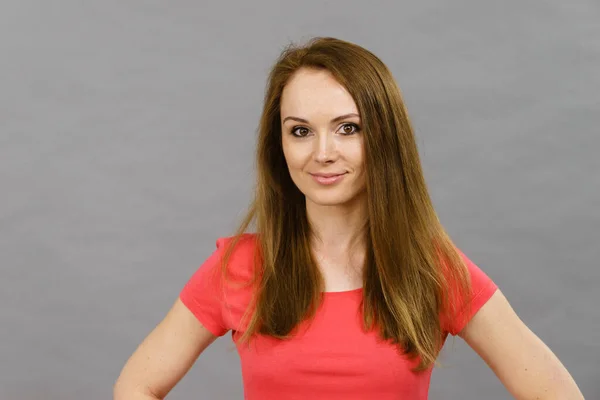 Happy Pretty Positive Young Woman Wearing Red Shirt Having Long — Stock Photo, Image