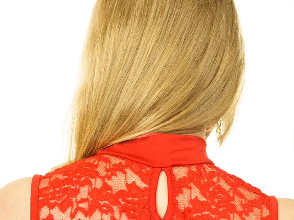 Нерозпізнана Жінка Червоному Верхньому Одязі Мереживними Деталями Спині Мода Концепція — стокове фото