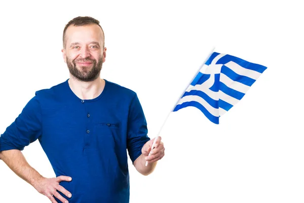 Homem Com Bandeira Acenando Grego Símbolo Nacional Grécia Isolado Branco — Fotografia de Stock