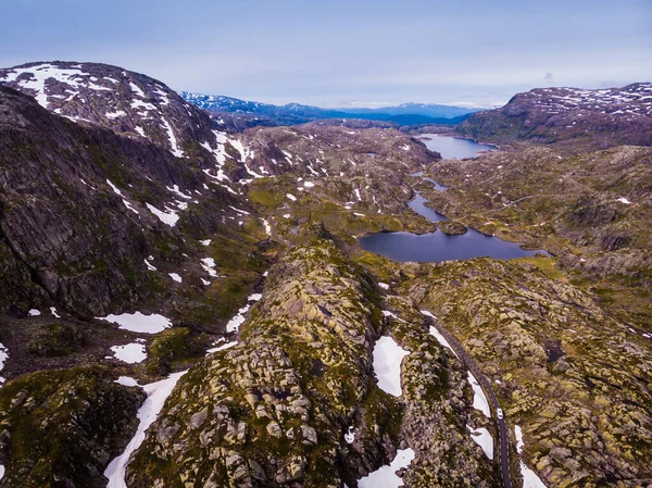 Hava Görüntüsü Norveç Manzarası Taşlı Kayalıklardaki Yollar Göller Norveç Ulusal — Stok fotoğraf