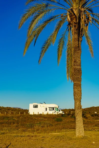 Wohnmobil Freizeitfahrzeug Der Mittelmeerküste Mit Palme Spanien Zelten Strand Von — Stockfoto