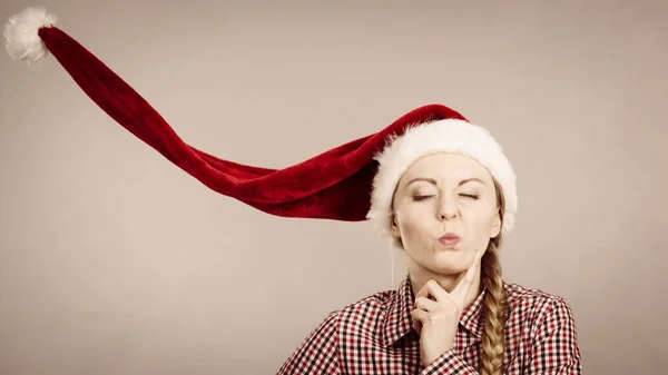 Young Woman Funny Teen Girl Closed Eyes Wearing Blowing Santa — Stock Photo, Image