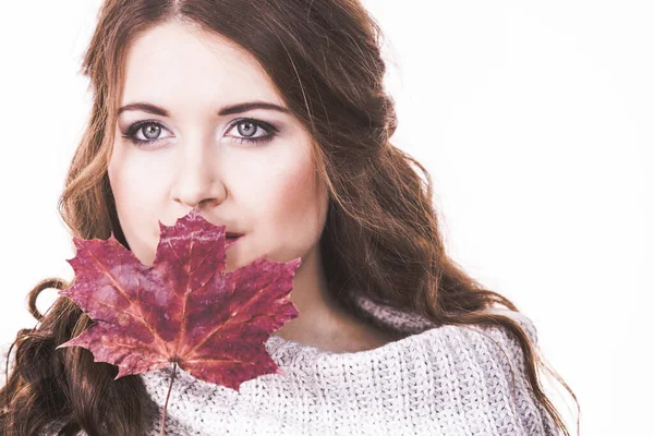 Fashionable Autumn Long Hair Girl Pensive Face Expression Holding Autumnal — Stock Photo, Image