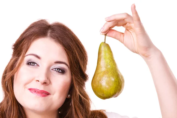 Woman Dark Hair Holding Green Pear Fruit Recommend Detox Fruit — Stock Photo, Image