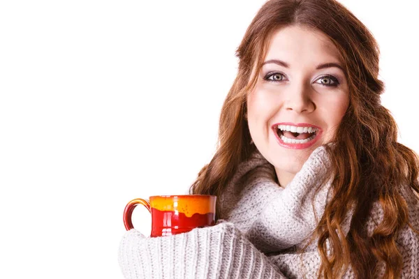 Woman Wearing Warm Clothing Grey Sweater Holding Nice Red Mug Stock Picture