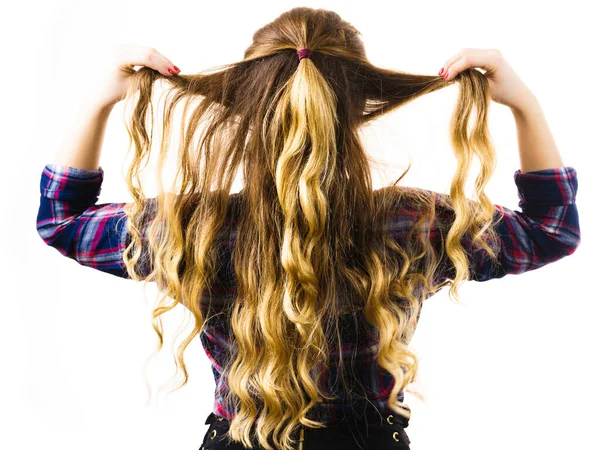 女性の茶色の髪の毛の後ろからの眺め 長いです巻き毛でハイライト — ストック写真