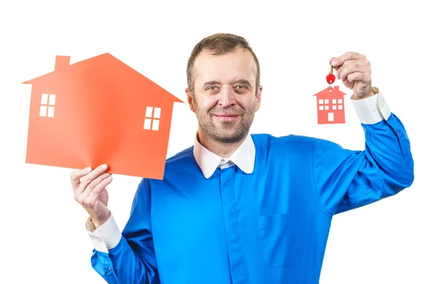 Щаслива Людина Агент Нерухомості Який Тримає Модель Червоного Будинку Ключами — стокове фото