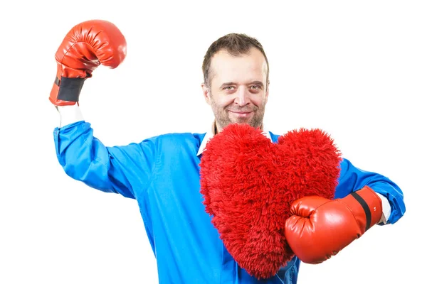 Chlap Připravený Bojovat Lásku Dospělý Muž Červených Boxerských Rukavicích Drží — Stock fotografie