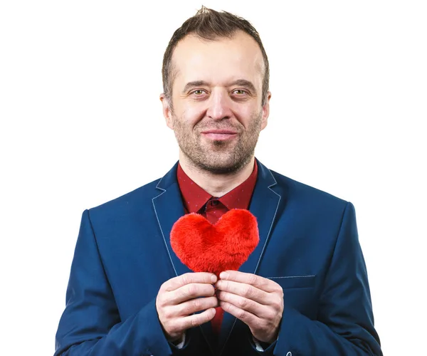 Elegáns Üzletember Formális Öltönyben Szerelmes Szimbólummal Kis Piros Szív Alakú — Stock Fotó