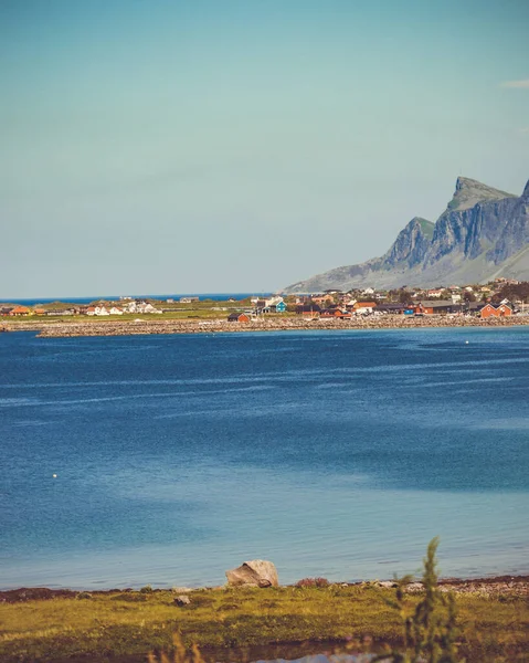 挪威罗浮敦群岛上的挪威风景海景 挪威诺德兰县海岸上的大海和房屋 — 图库照片